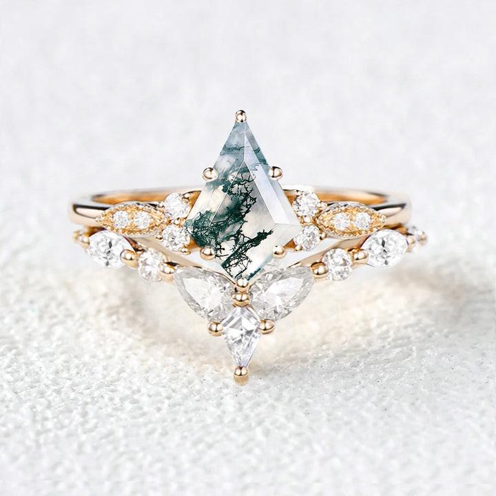 Moss Agate White Gold Engagement Ring Set 2pcs