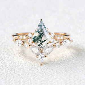 Moss Agate White Gold Engagement Ring Set 2pcs