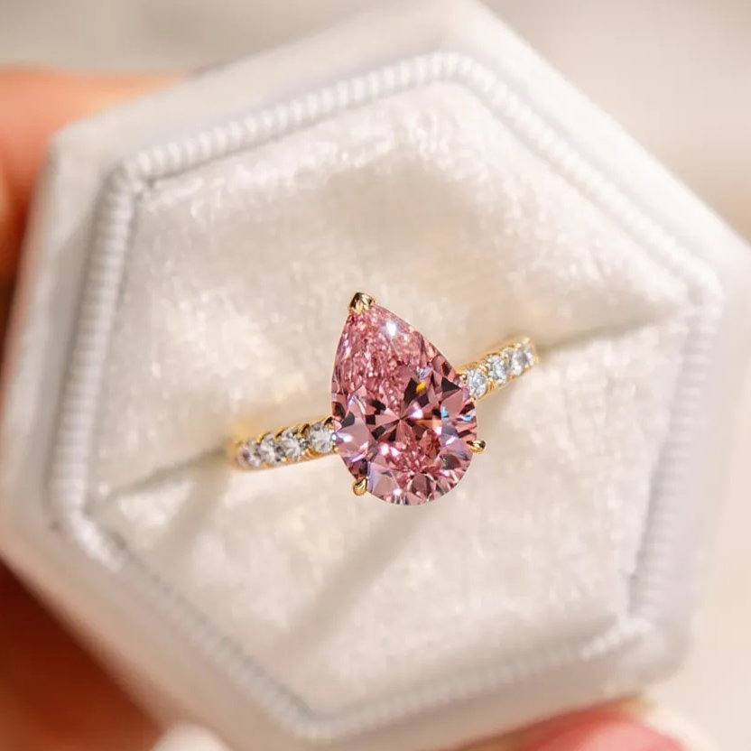 Aurora‘s Grace | 3CT Pear Cut Pink Solitaire Ring.