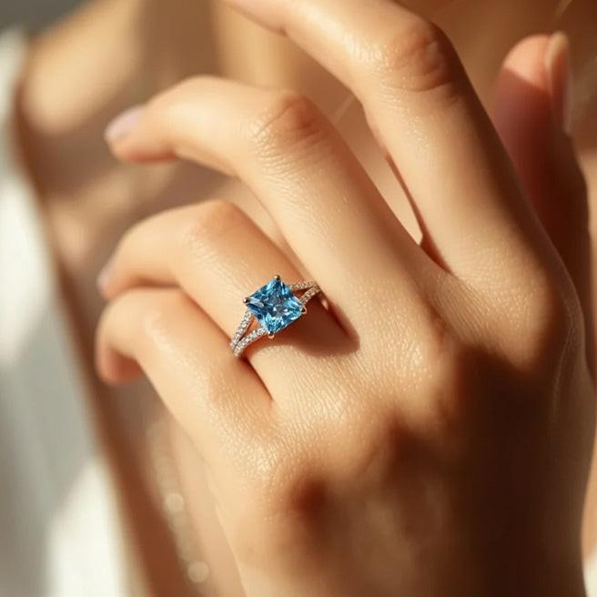 Aurora’s Gleam | 2CT Princess Cut Blue Sapphire Ring.