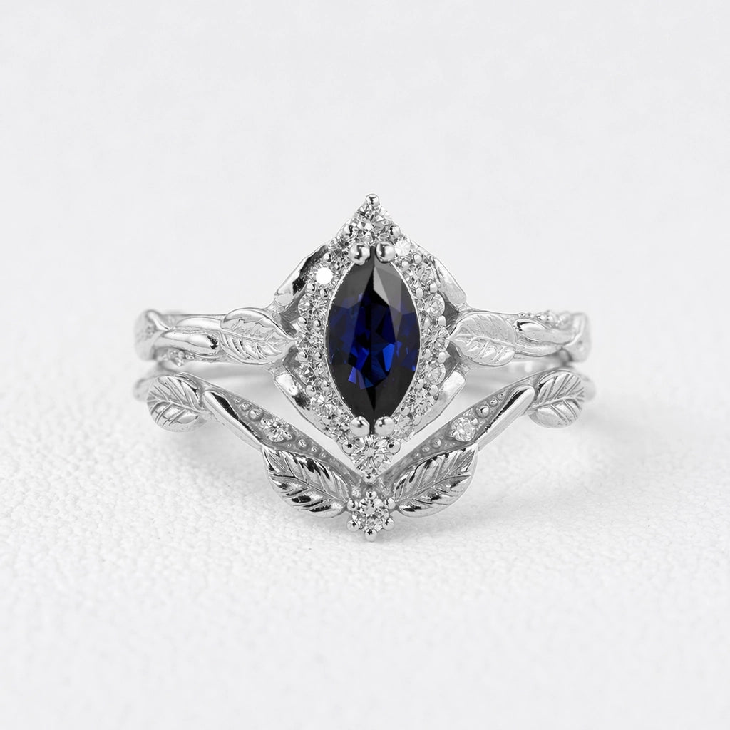 Victoria’s Diadem | Marquise Cut Sapphire & Diamond Halo Bridal Set 2pcs.