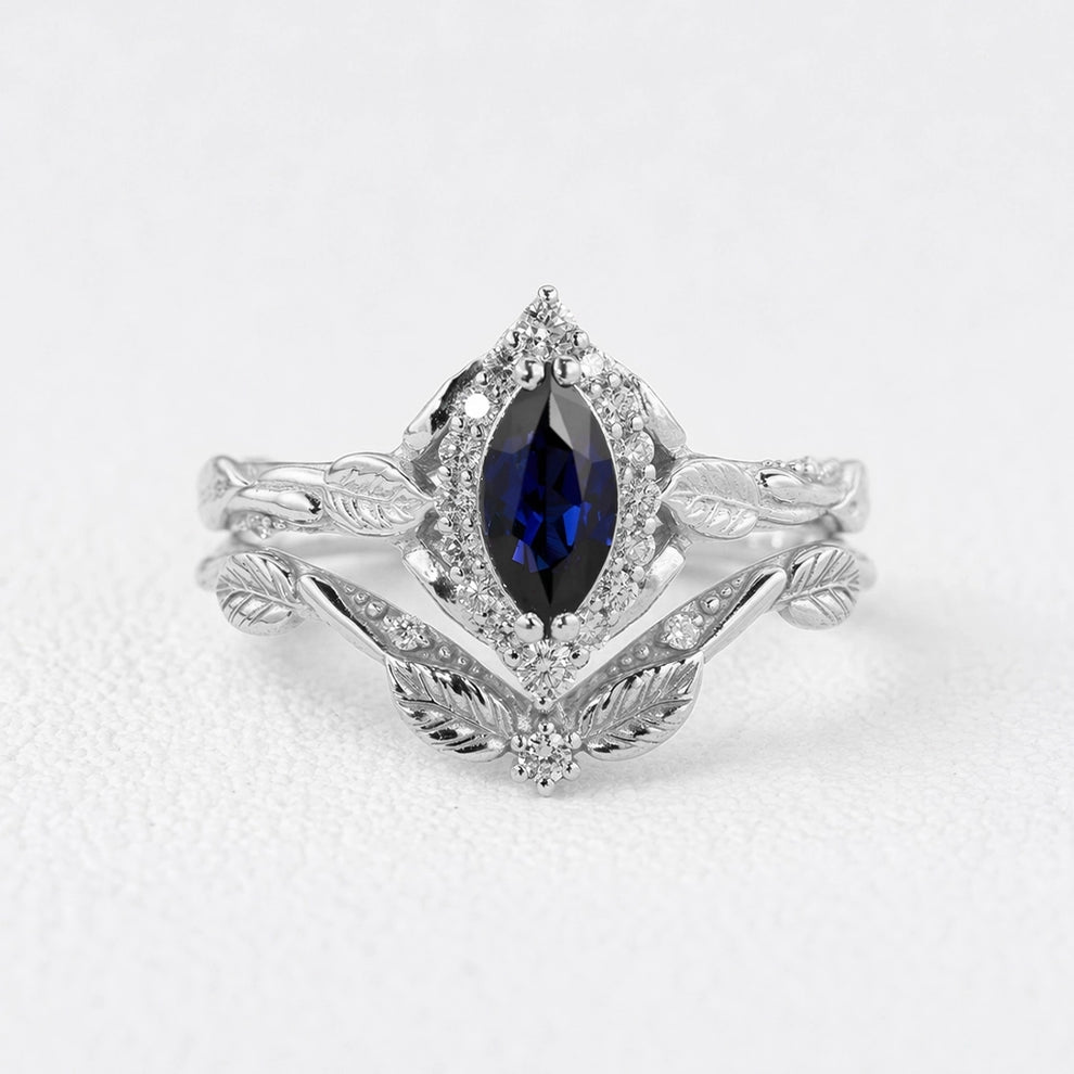 Victoria’s Diadem | Marquise Cut Sapphire & Diamond Halo Bridal Set 2pcs.