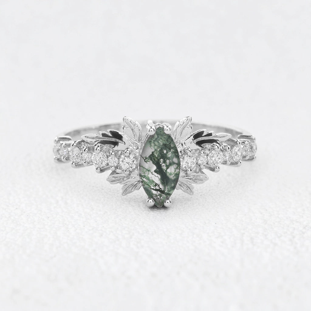 Aurora’s Moss Wing | Marquise Moss Agate Vintage Bridal Set 2pcs.
