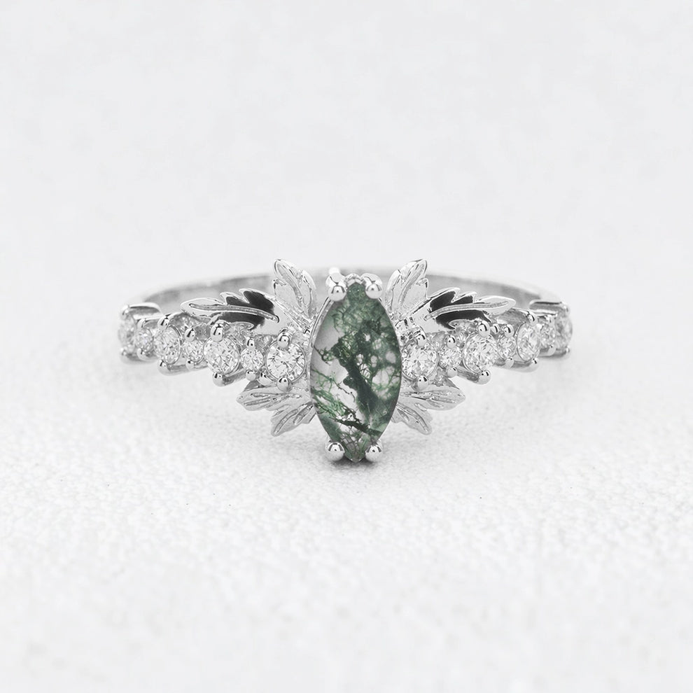 Aurora’s Moss Wing | Marquise Moss Agate Vintage Bridal Set 2pcs.