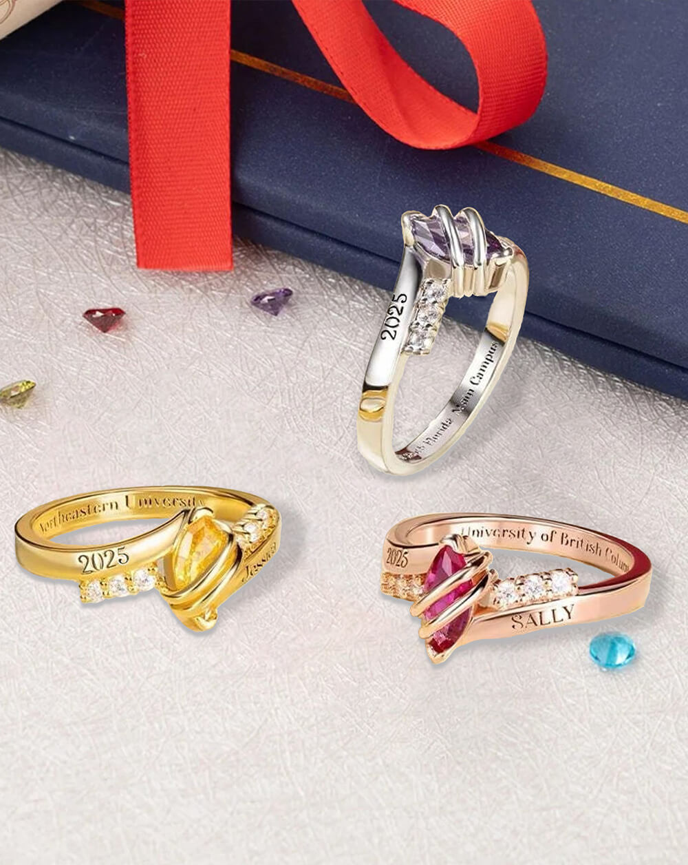 Custom Graduation Ring with Birthstone & Name – Personalized Class Ring for Her