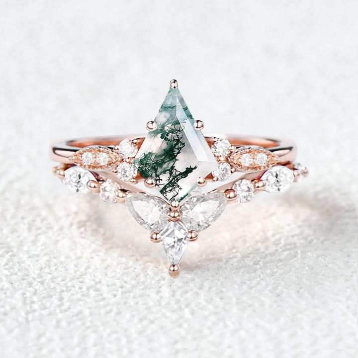 Moss Agate White Gold Engagement Ring Set 2pcs