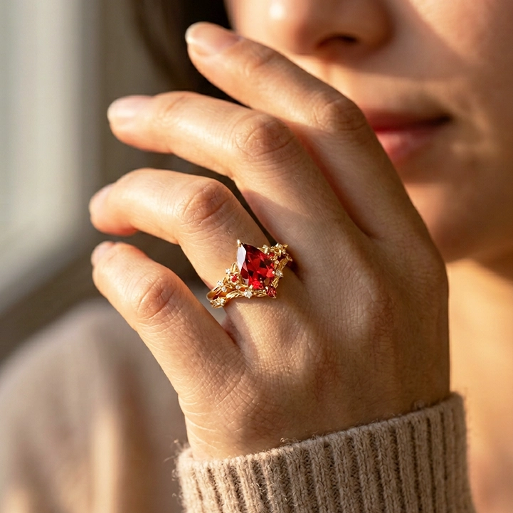 Scarlett’s Twig | Vintage Pear Red Ruby & Diamond Floral Bridal Set 2pcs.