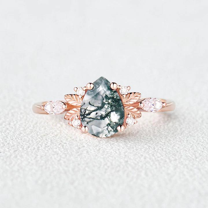 Susan Unique Leafy Pear Shaped Moss Agate Engagement Fairy Ring.