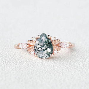 Susan Unique Leafy Pear Shaped Moss Agate Engagement Fairy Ring.