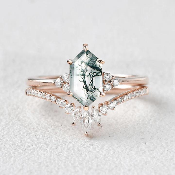 Lydia Long Hexagon Moss Agate Bridal Ring Set 2pcs.