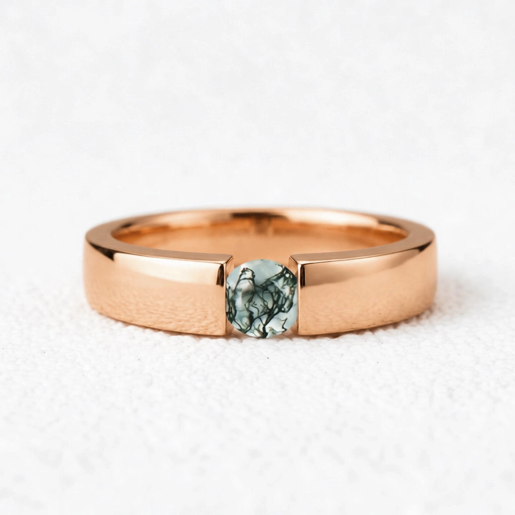 One Stone Duo | Round Moss Agate Couple Ring Set 2pcs.