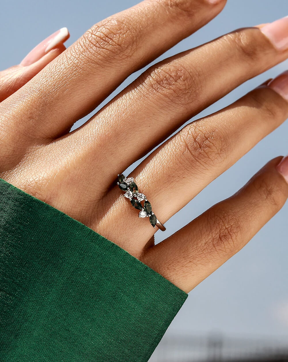 Minimalist Leaf Silver Moss Agate Ring