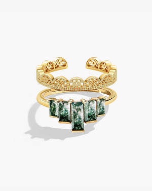 Gold Crown Stack Moss Agate Engagement Ring