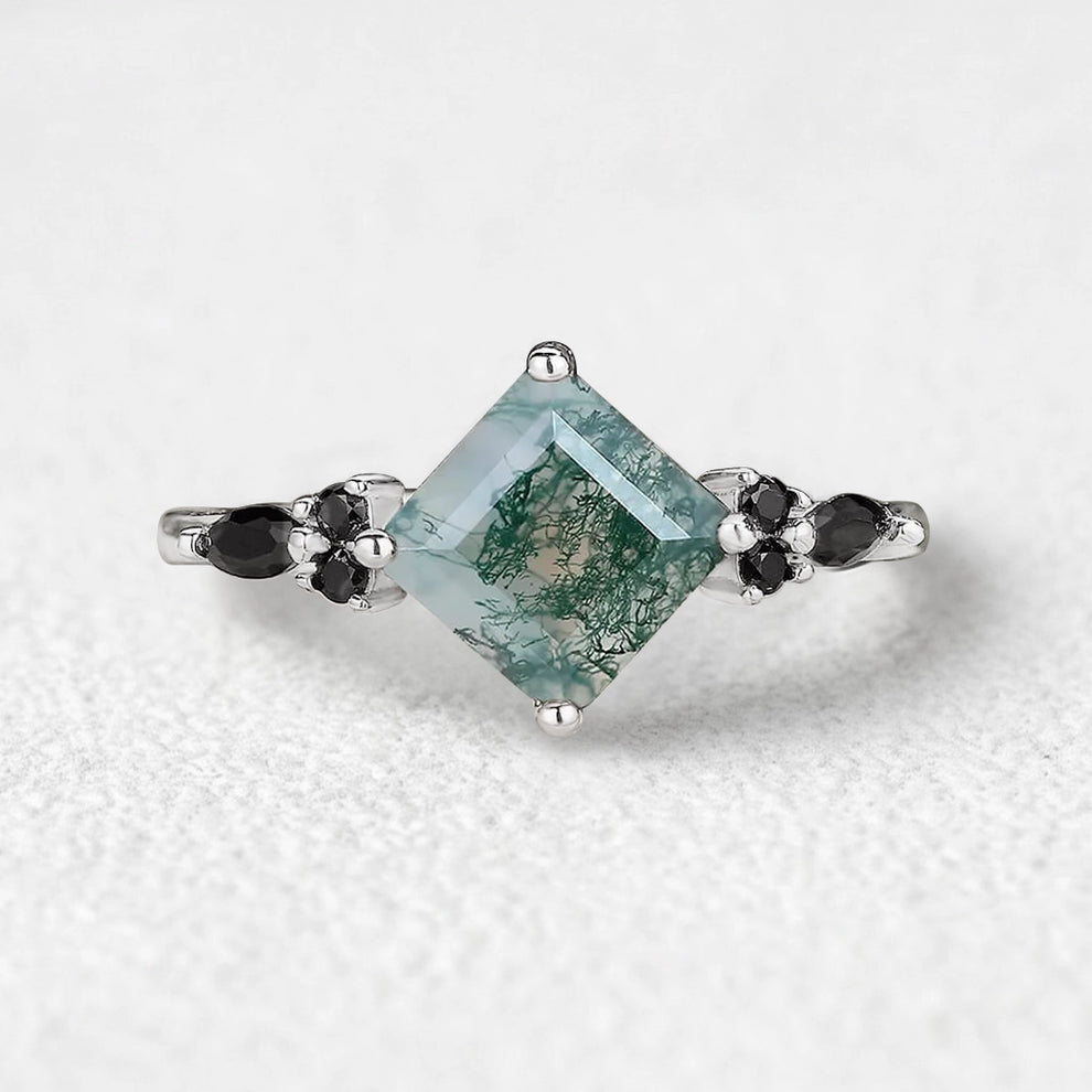 Nature Inspired Square Cut Moss Agate Leaf and Vine Promise Ring.