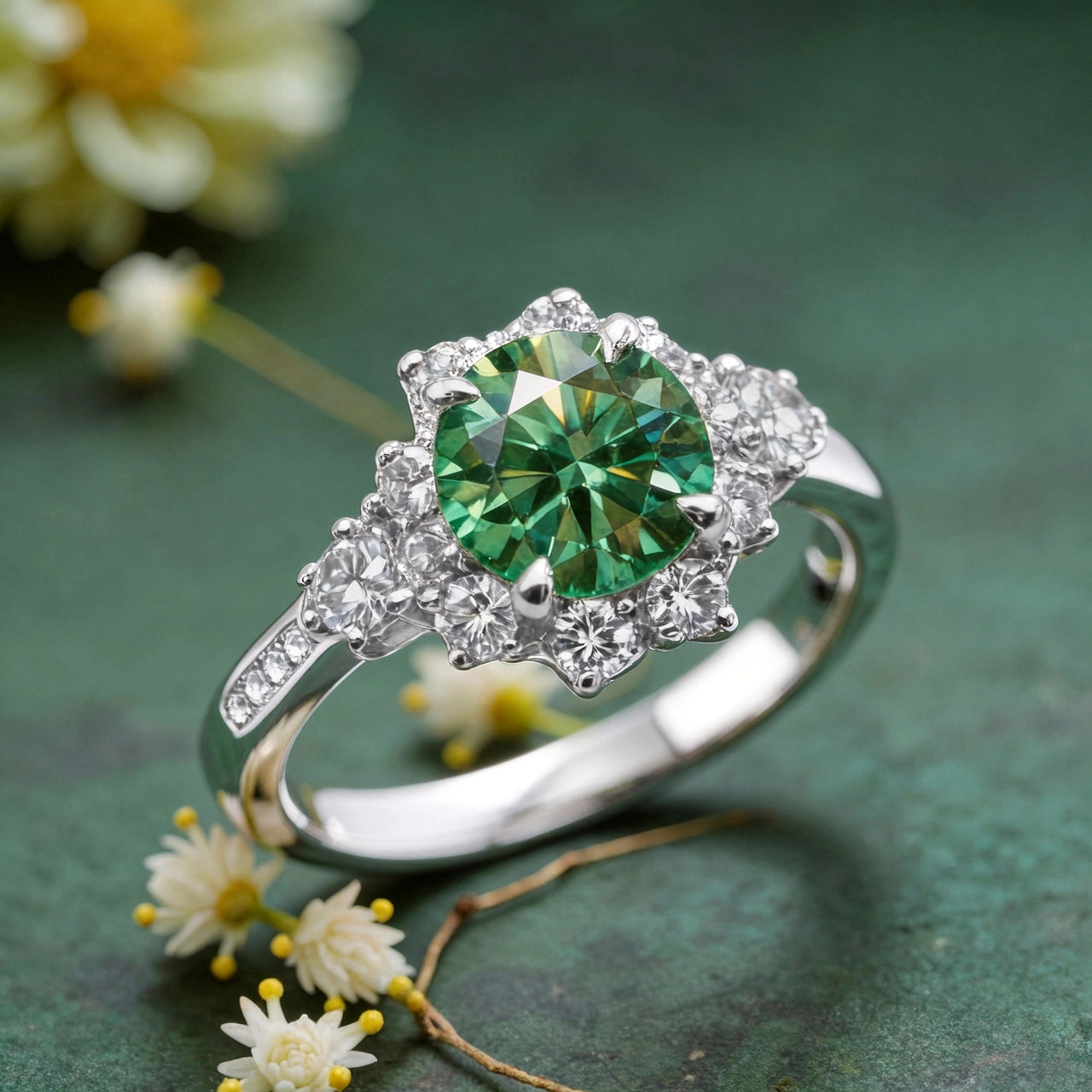 Marina's Grove | Round Cut Green Sapphire Halo Ring.