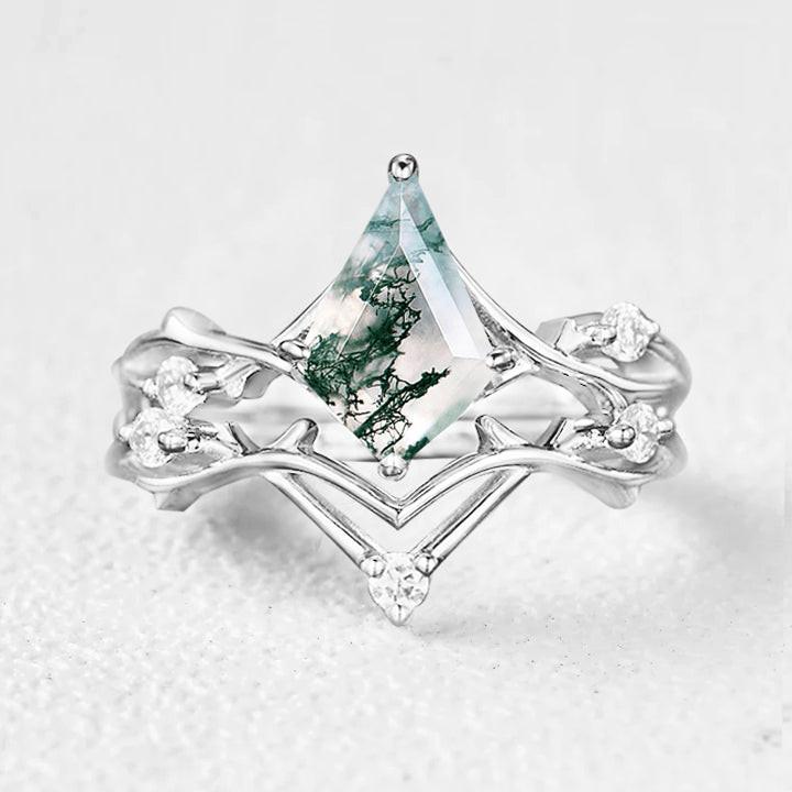 Kite Shape Branch Moss Agate Engagement Ring Sets 2pcs.