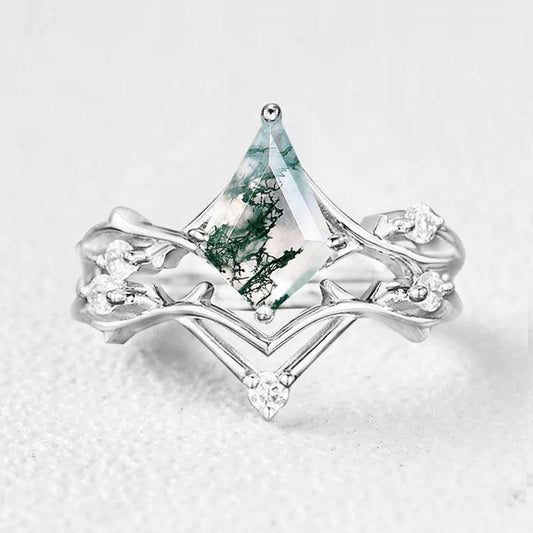 Kite Shape Branch Moss Agate Engagement Ring Sets 2pcs.