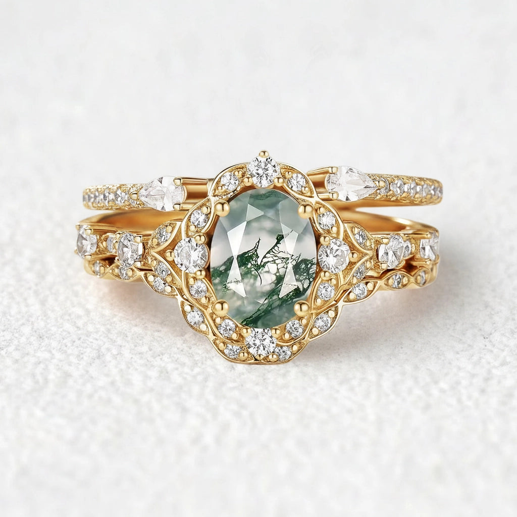 Unique Oval Cut Moss Agate Cluster Engagement Ring Set 3pcs.