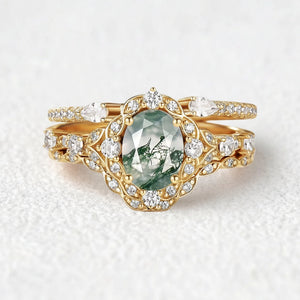 Unique Oval Cut Moss Agate Cluster Engagement Ring Set 3pcs.