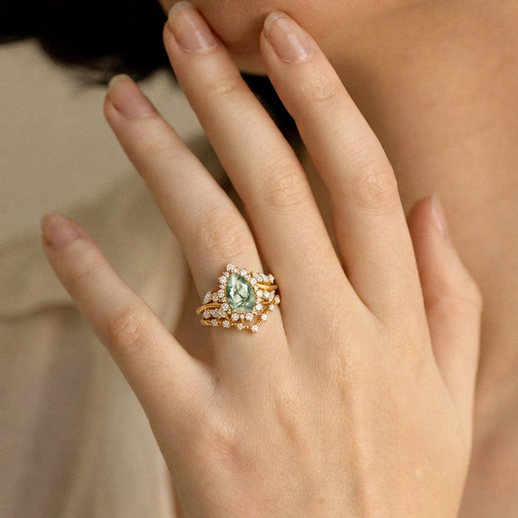 Kaelin Pear Cut Moss Agate Cluster Engagement Ring Set 2pcs.