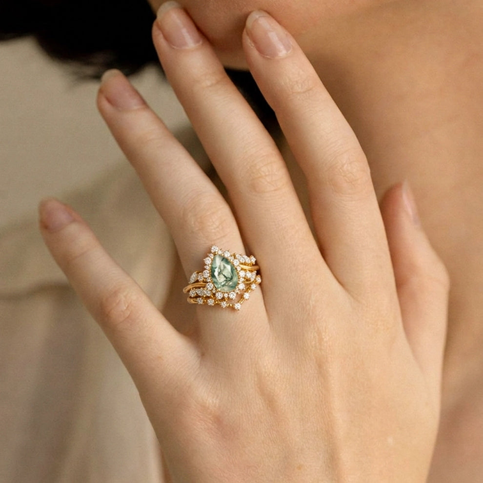 Kaelin Pear Cut Moss Agate Cluster Engagement Ring Set 2pcs.