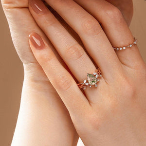 Autumn Pear Shaped Moss Agate Bridal Ring Set 2pcs.