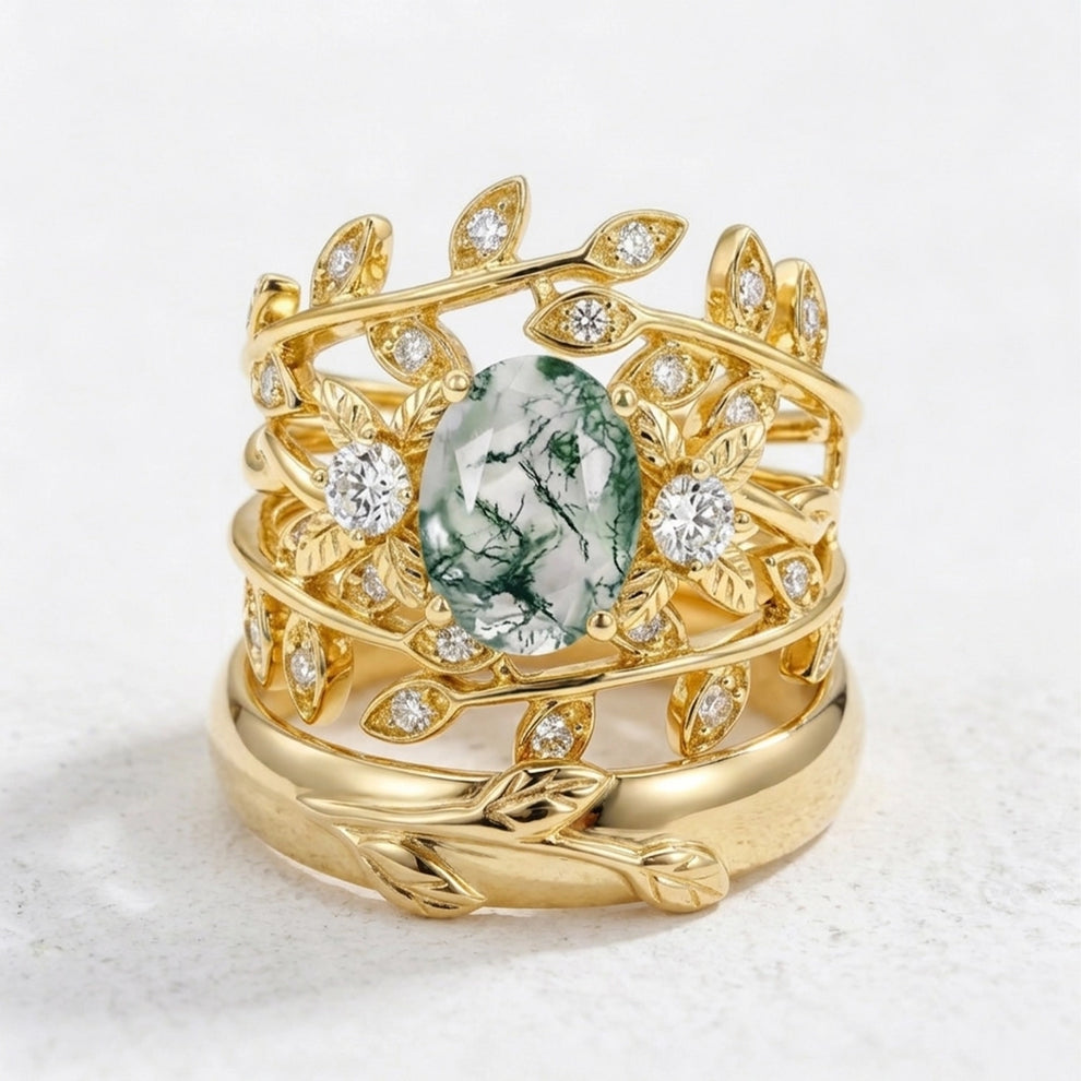 Léonie Oval Cut Moss Agate Leafy Gold Couple Ring Set.