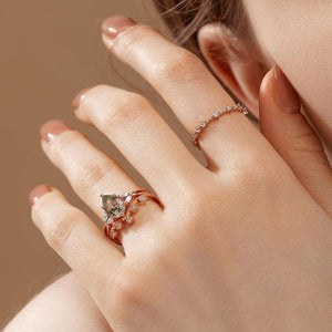 Autumn Pear Shaped Moss Agate Bridal Ring Set 2pcs.