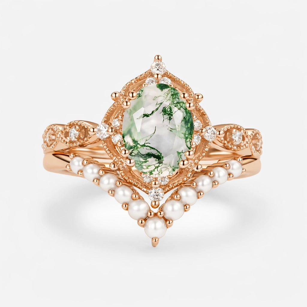 Sylvie’s Pearl | Oval Cut Moss Agate &amp; Slate Vintage Gold Bridal Set 2pcs.