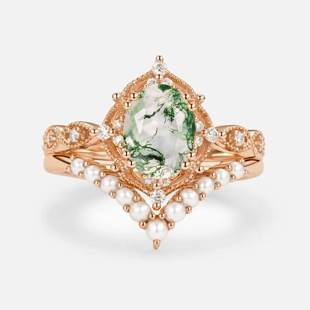 Sylvie’s Pearl | Oval Cut Moss Agate &amp; Slate Vintage Gold Bridal Set 2pcs.