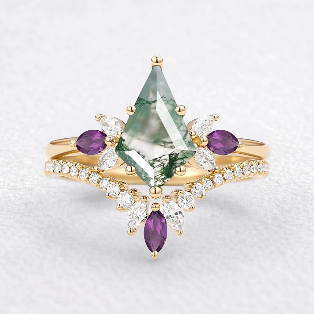 Butterfly Fairy - Unique Kite Cut Moss Agate & Amethyst Engagement Ring Set 2pcs.
