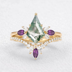 Butterfly Fairy - Unique Kite Cut Moss Agate & Amethyst Engagement Ring Set 2pcs.