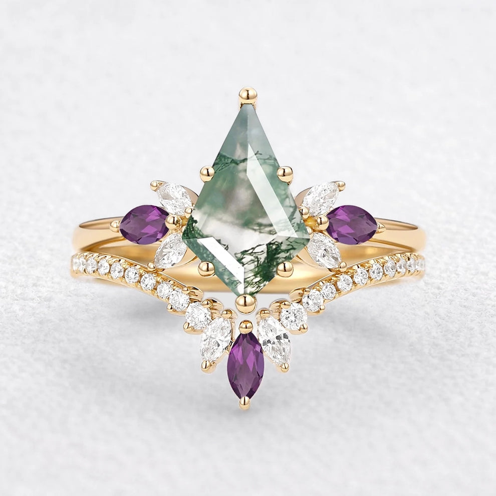 Butterfly Fairy - Unique Kite Cut Moss Agate & Amethyst Engagement Ring Set 2pcs.