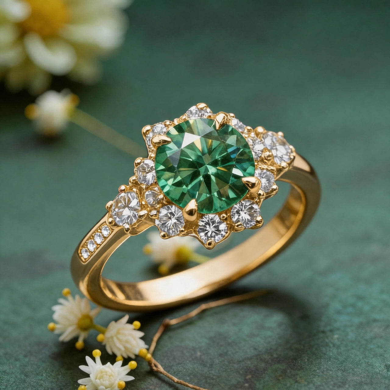 Marina's Grove | Round Cut Green Sapphire Halo Ring.