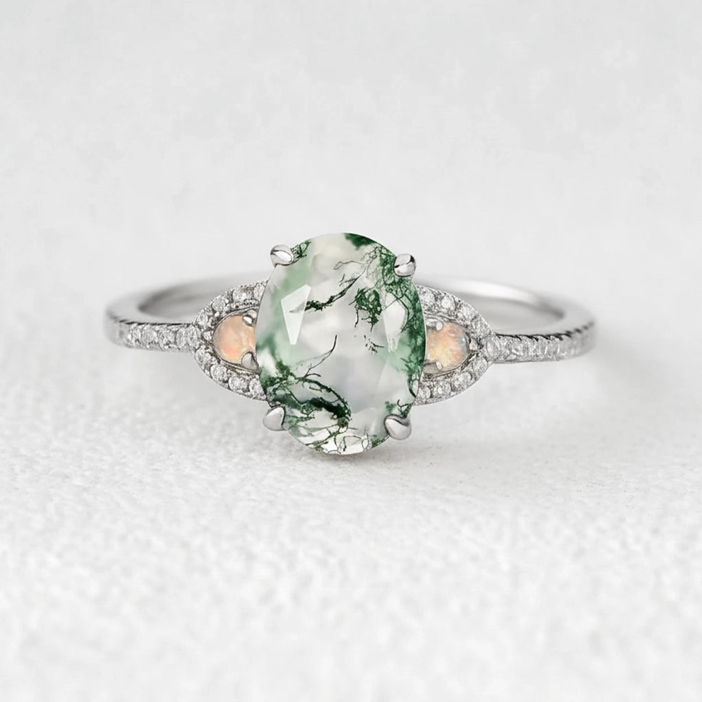 Nature Inspired Oval Cut Moss Agate Engagement Ring.
