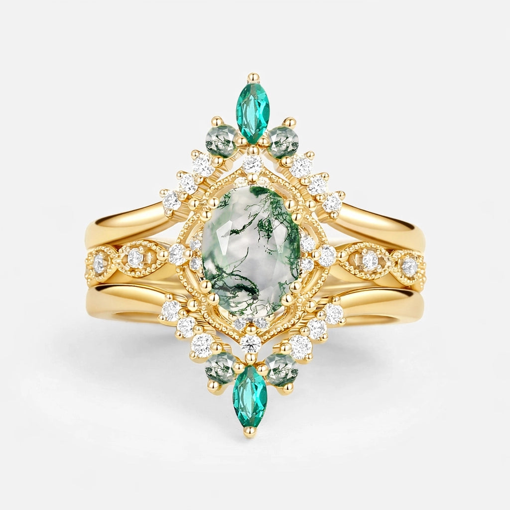 Vintage Oval Cut Moss Agate & Lab Emerald Signature Engagement Ring Set 3pcs.