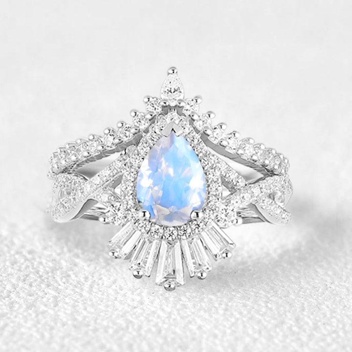 Elara's Crown | Pear Moss Agate Halo Baguette Bridal Set 2pcs.
