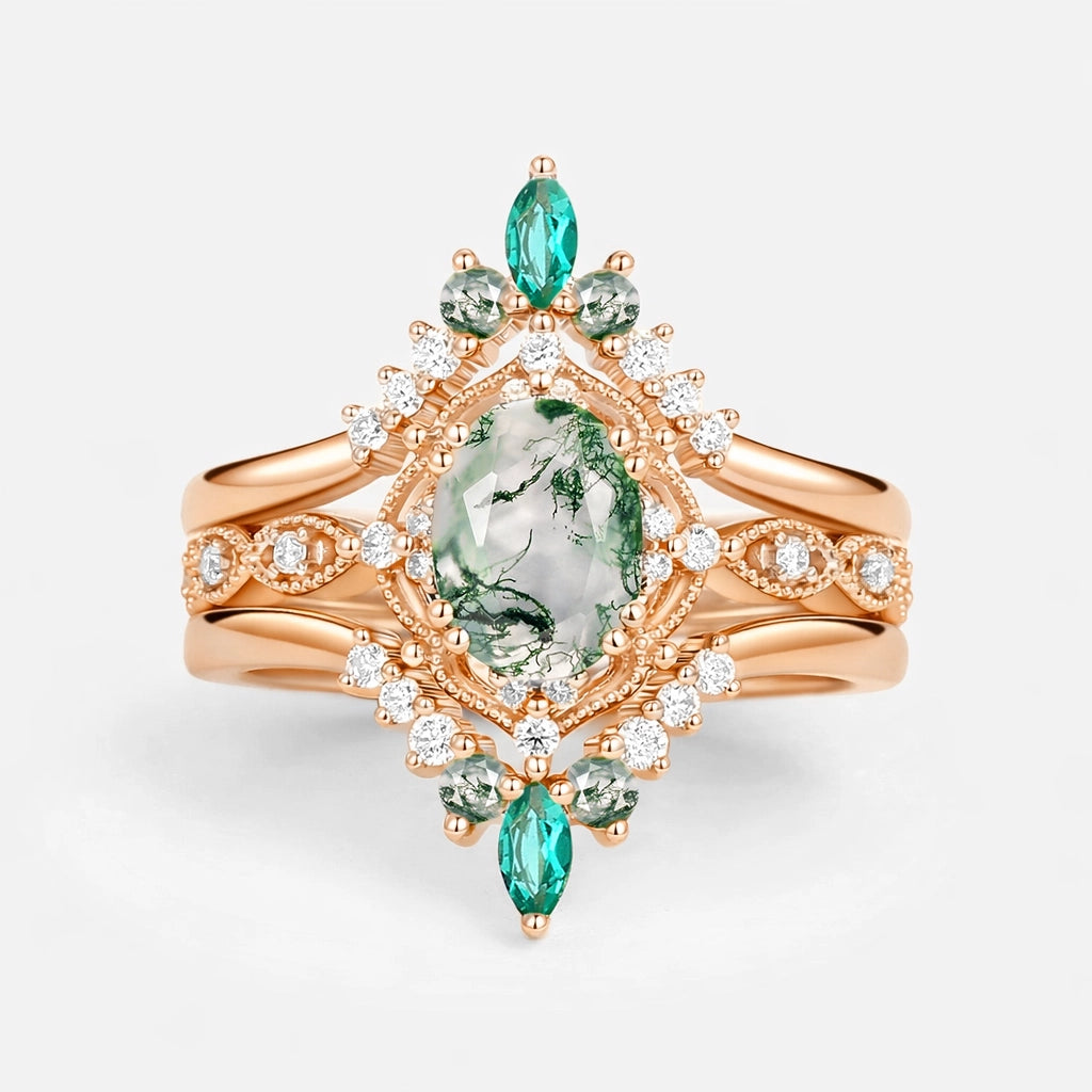 Vintage Oval Cut Moss Agate & Lab Emerald Signature Engagement Ring Set 3pcs.
