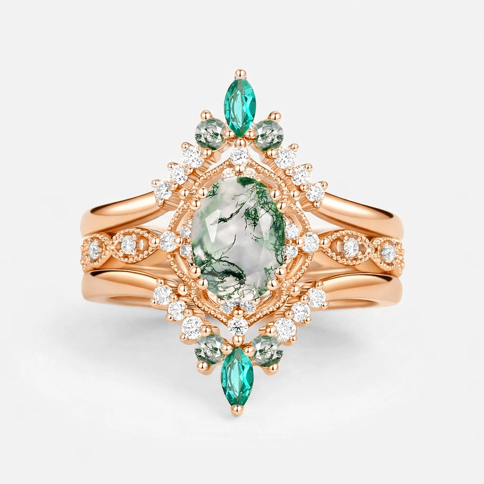 Vintage Oval Cut Moss Agate & Lab Emerald Signature Engagement Ring Set 3pcs.