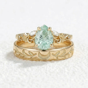 Selene’s Grove | Pear Green Sapphire & Moon Phase Couple Ring Set.
