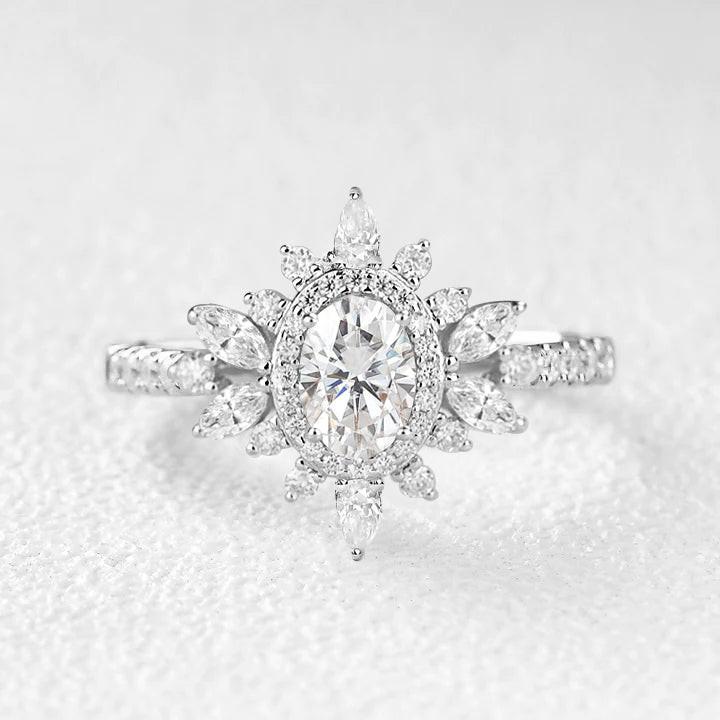 Verdana’s Nimbus | Oval Moss Agate Halo  Engagement Ring.