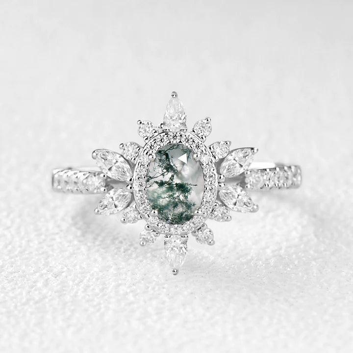 Verdana’s Nimbus | Oval Moss Agate Halo  Engagement Ring.
