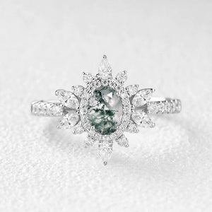 Verdana’s Nimbus | Oval Moss Agate Halo  Engagement Ring