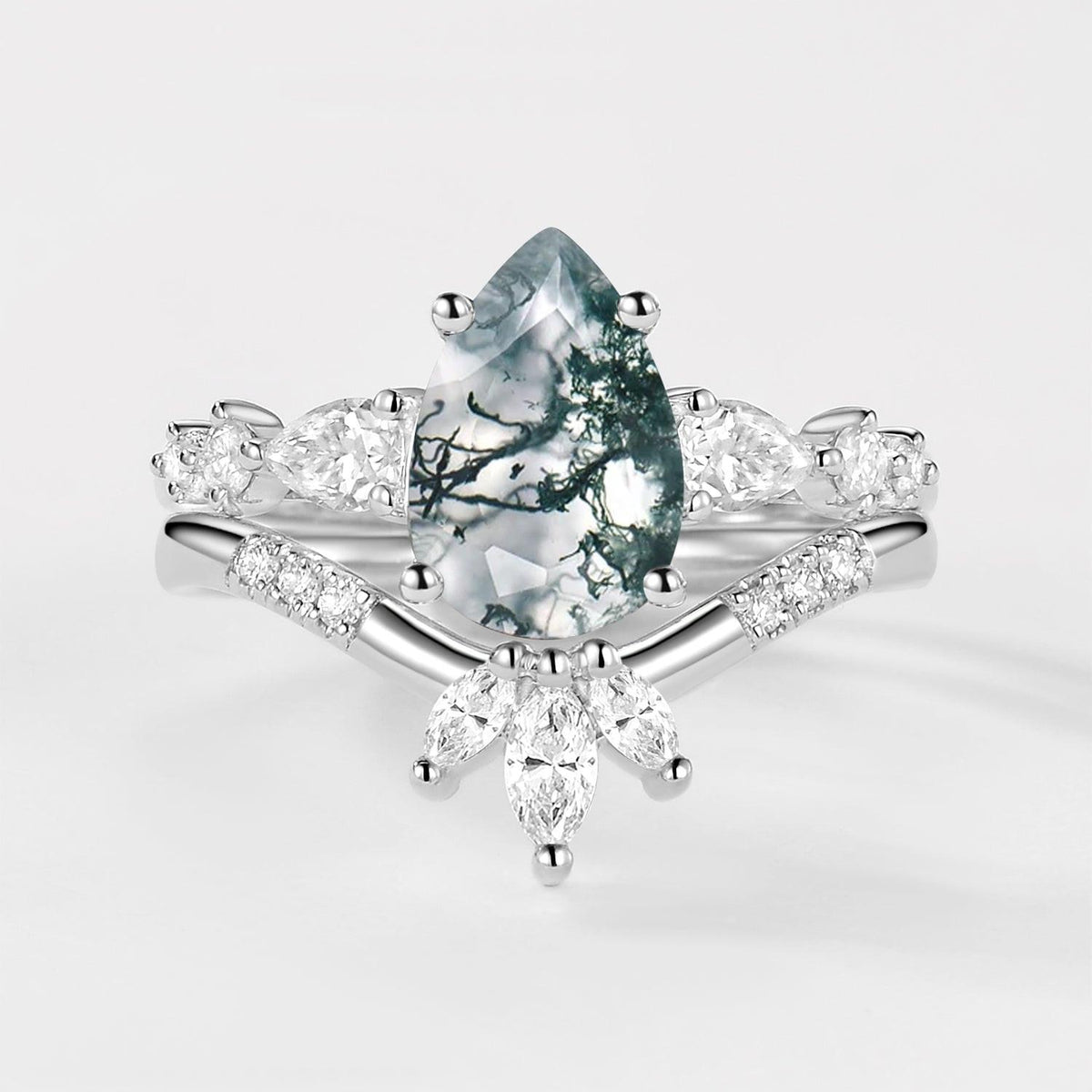 2.0ct Pear Shaped Moss Agate Chevron Bridal Ring Set 2pcs.