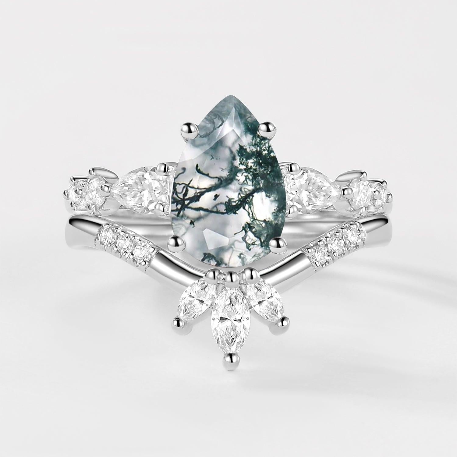 2.0ct Pear Shaped Moss Agate Chevron Bridal Ring Set 2pcs.