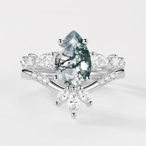 2.0ct Pear Shaped Moss Agate Chevron Bridal Ring Set 2pcs.