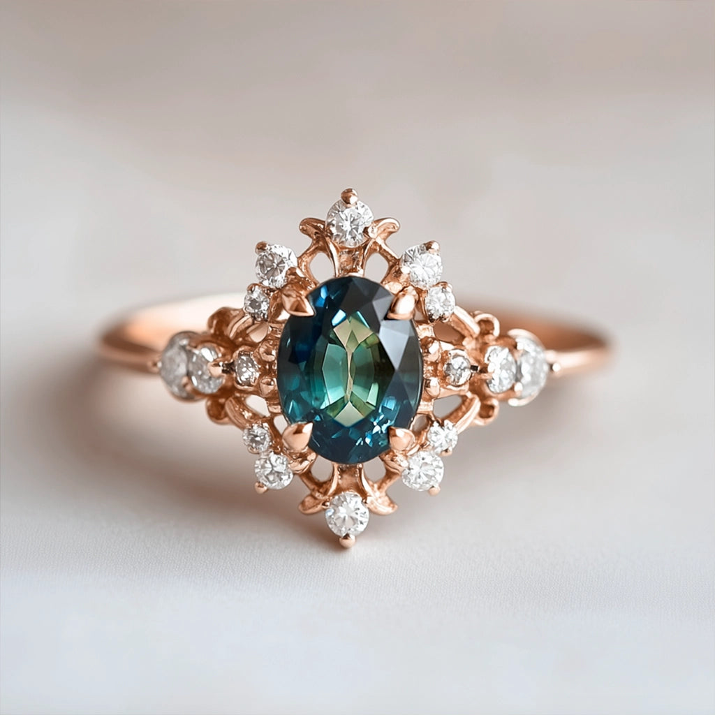 Isolde’s Crown | Teal Sapphire & Diamond Halo Engagement Ring.