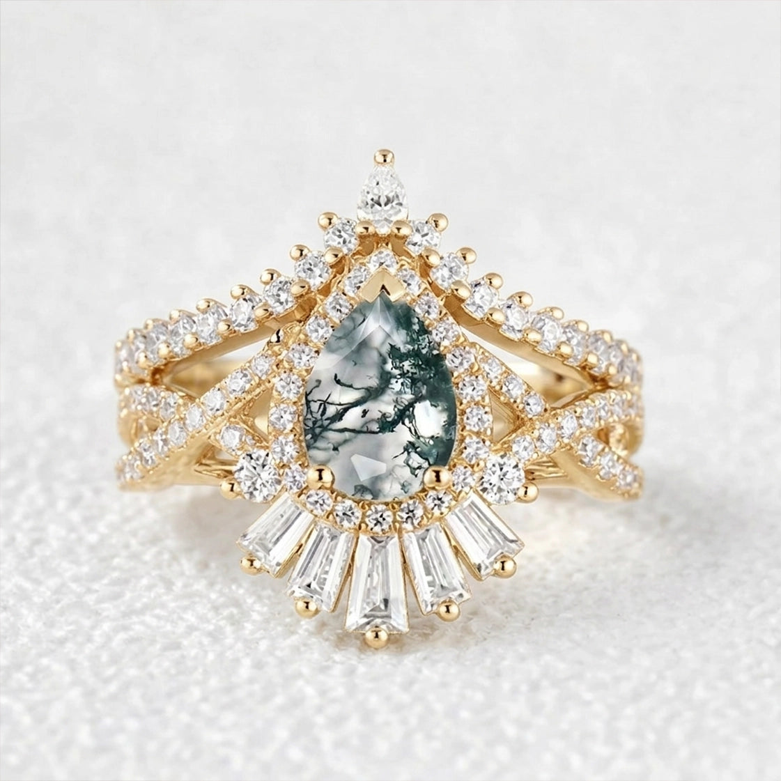 Elara's Crown | Pear Moss Agate Halo Baguette Bridal Set 2pcs.