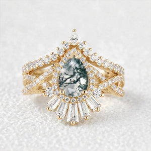 Elara's Crown | Pear Moss Agate Halo Baguette Bridal Set 2pcs.