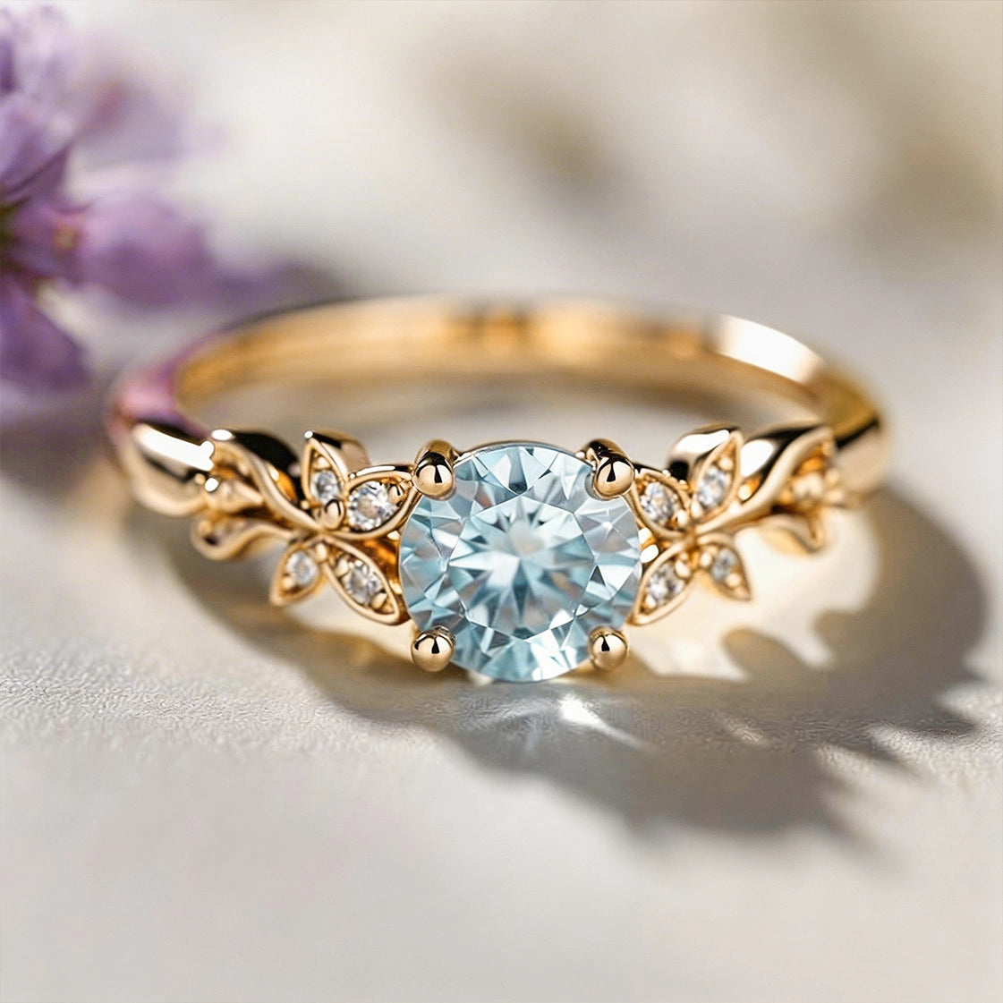 Marina’s Foliage | Round Blue Aquamarine Leafy Engagement Ring.